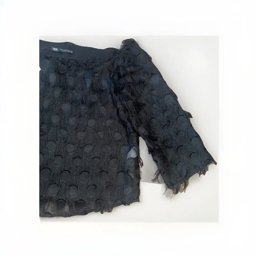 Women's Zara Black Polka Dot Boat Neck Semi Sheer  Cropped Top Size XS